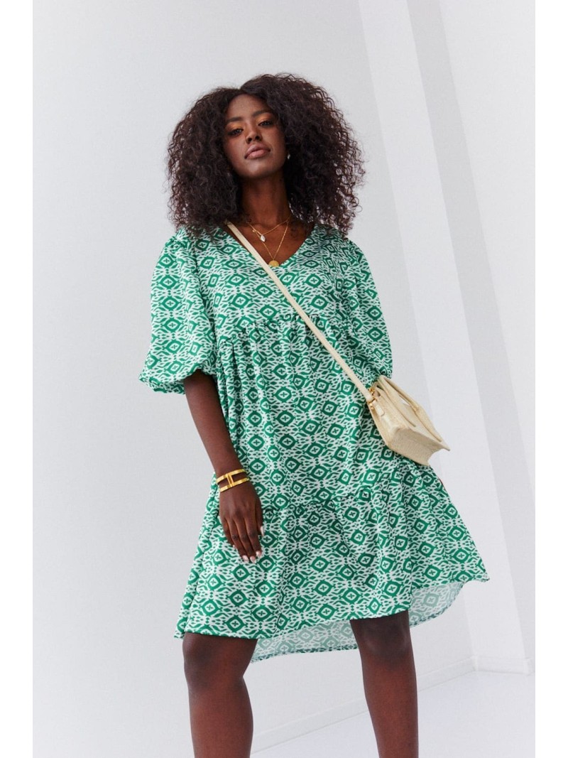 Loose dress with puffed sleeves, green FG639 - Online store - Boutique